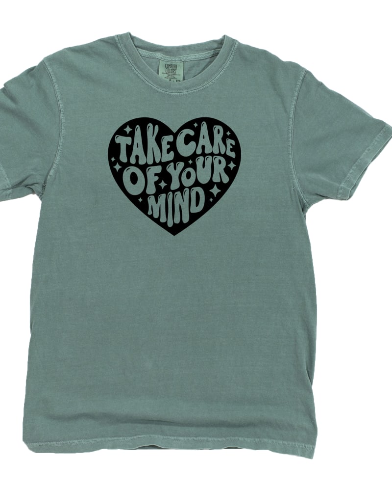 Front of a size L Take Care Of Your Mind Garment Dyed Tee in Light Green by Simply Sage Market. | dia_product_style_image_id:297138